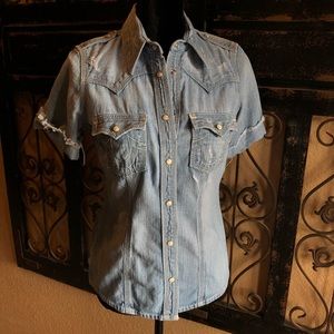 True religion distressed denim snap short sleeve